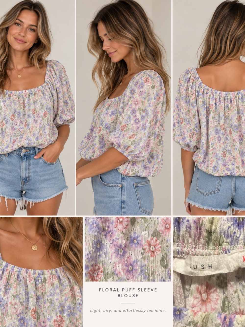 Floral Puff Sleeve Blouse in Pastel Lavender